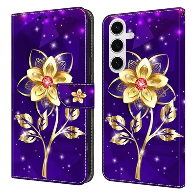 For Samsung Galaxy S25 Wallet Case Pattern Printing PU Leather Flip Stand Phone Cover - Golden Flowers on Purple