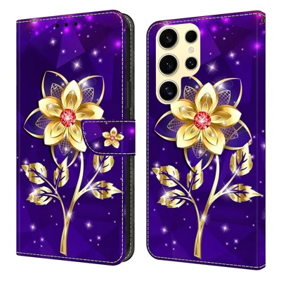For Samsung Galaxy S25 Ultra Wallet Case Pattern Printing PU Leather Flip Stand Phone Cover - Golden Flowers on Purple