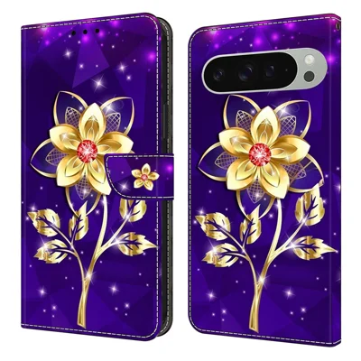 For Google Pixel 9 Pro XL Wallet Case Pattern Printing PU Leather Flip Stand Phone Cover - Golden Flowers on Purple
