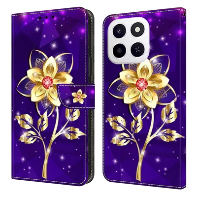 For Honor X6c 4G Wallet Case Pattern Printing PU Leather Flip Stand Phone Cover - Golden Flowers on Purple