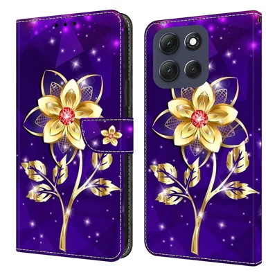 For Motorola Moto G56 5G Wallet Case Pattern Printing PU Leather Flip Stand Phone Cover - Golden Flowers on Purple