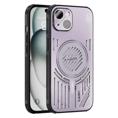ABEEL For iPhone 15 Magnetic Case Aluminium Alloy + PC + TPU Hollow Heat Dissipation Phone Cover - Pink Purple