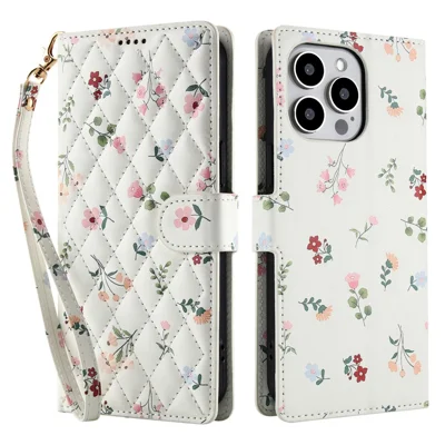 For iPhone 16 Pro Max Wallet Case Rhombic Floral Design Leather Flip Phone Cover with Strap - A1