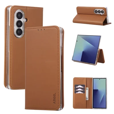 ABEEL لجهاز Samsung Galaxy Z Fold7 5G غطاء هاتف بخاصية حجب RFID من الجلد المقلد قابل للطي - بني