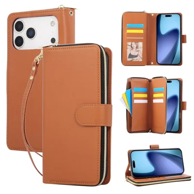 For iPhone 18 Pro / 17 Pro Case 9 Card Slots Zipper Pocket PU Leather Cover with Wrist Strap - Brown