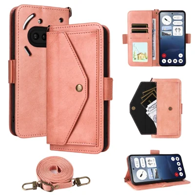 For Nothing Phone (3a) Leather Case Magnetic Closure Wallet Stand Phone Cover with Crossbody Strap - Pink