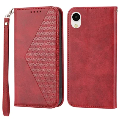 Folio Flip PU Leather Phone Case For Samsung Galaxy A23e, Anti-drop Rhombus Pattern Imprinted Calf Texture Phone Wallet Cover Stand with Strap - Red
