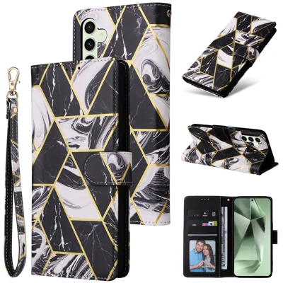 Voor Samsung Galaxy S25 FE Hoesje Gelakte Marmeren Patroon Leren Telefoonhoes met Polsbandje - Zwart