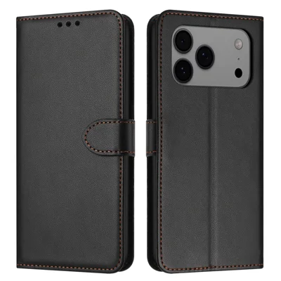 For iPhone 17 Pro Max Case Stand Wallet Leather Phone Cover with Strap - Zwart