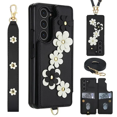 For Samsung Galaxy Z Fold5 5G Case Card Slots Leather Coated TPU Flower Phone Cover with 2 Straps - Black