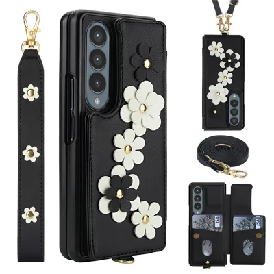 For Samsung Galaxy Z Fold4 5G Case Card Slots Leather Coated TPU Flower Phone Cover with 2 Straps - Black
