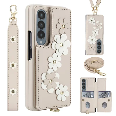For Samsung Galaxy Z Fold4 5G Case Card Slots Leather Coated TPU Flower Phone Cover with 2 Straps - Beige