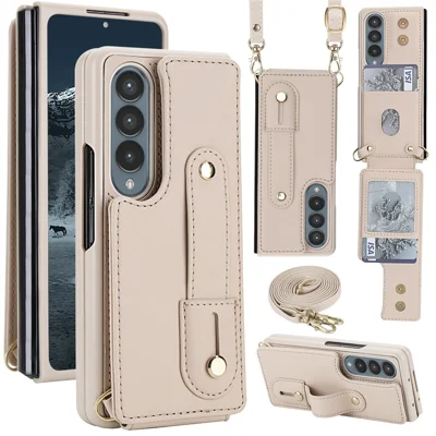 For Samsung Galaxy Z Fold4 5G Case Kickstand Card Slots Leather Coated TPU Cover with Shoulder Strap - Beige