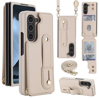 For Samsung Galaxy Z Fold5 5G Case Kickstand Card Slots Leather Coated TPU Cover with Shoulder Strap - Beige