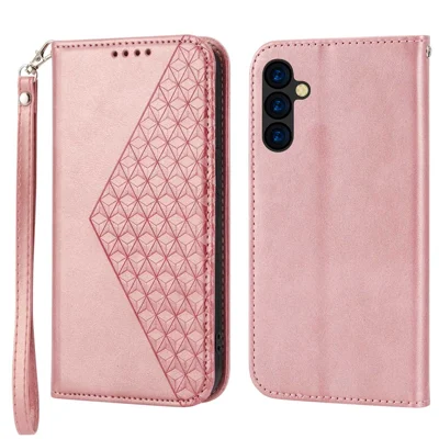 For Samsung Galaxy A14 5G / A14 4G Rhombus Pattern Calf Texture PU Leather Stand Case Wallet Phone Cover with Strap - Rose Gold