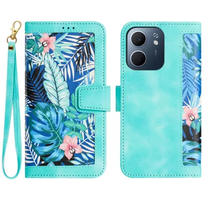 For Oppo A5x 4G Case PU Leather Floral Phone Cover with Card Slots / Wrist Strap - Green