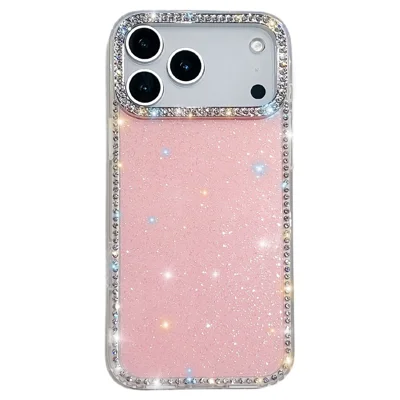 For iPhone 18 Pro / 17 Pro Case Rhinestone Edge Glitter Back TPU + PC IMD Phone Cover - Glitter Light Pink