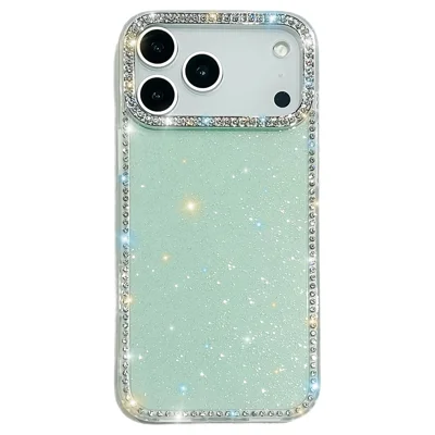 For iPhone 18 Pro Max / 17 Pro Max Case Rhinestone Edge Glitter Back TPU + PC IMD Phone Cover - Glitter Light Green