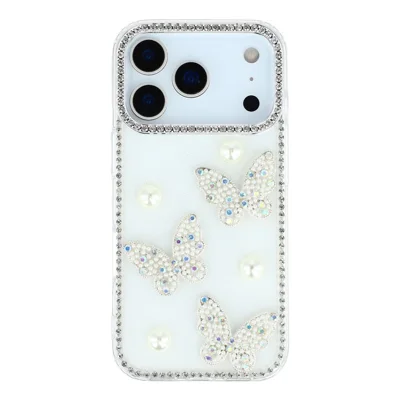 For iPhone 18 Pro / 17 Pro Case Rhinestone Edge Pearl Butterfly Decor TPU + PC IMD Phone Cover - Glitter White