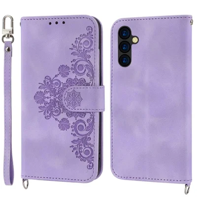 For Samsung Galaxy A14 5G / A14 4G Leather Case Imprinted Flowers Multiple Card Slots Phone Stand Wallet Cover with Strap - Light Purple