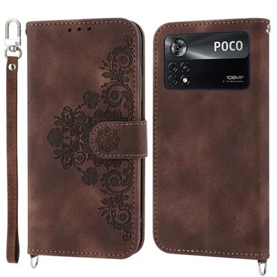 Imprinted Flowers Stand Case for Xiaomi Poco X4 Pro 5G, Skin-touch PU Leather Multiple Card Slots Phone Wallet Cover with Wrist Strap and Shoulder Strap - Brown