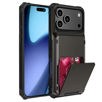 For iPhone 18 Pro / 17 Pro Case PC + TPU Dual Layer Back Phone Cover with Card Holder - Black