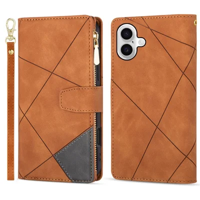 For iPhone 17 Wallet Case Color Splicing Leather Phone Cover with Stand - Brown