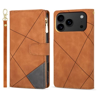 For iPhone 18 Pro / 17 Pro Wallet Case Color Splicing Leather Phone Cover with Stand - Brown