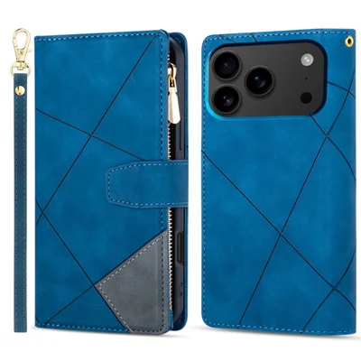 For iPhone 18 Pro Max / 17 Pro Max Wallet Case Color Splicing Leather Phone Cover with Stand - Blue