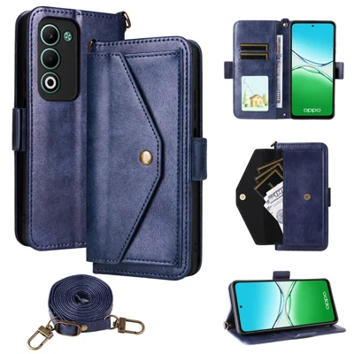 For Oppo A5 5G  /  4G Leather Case Magnetic Closure Wallet Stand Phone Cover with Crossbody Strap - Blue