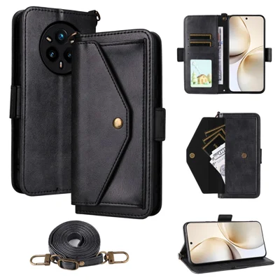 For Realme 14 Pro+ 5G Leather Case Magnetic Closure Wallet Stand Phone Cover with Crossbody Strap - Black