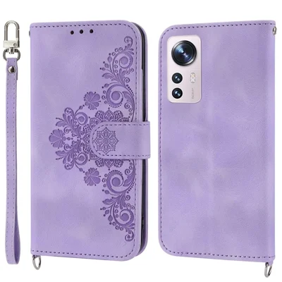 For Xiaomi 12 Pro 5G / 12 Pro (Dimensity) 5G / 12S Pro 5G Multiple Card Slots Imprinted Flowers Leather Cover Skin-touch Wallet Stand Phone Case with Wrist Strap and Shoulder Strap - Light Purple