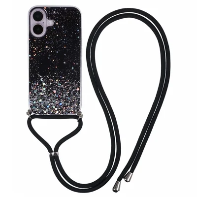 For iPhone 17 Case Cute Bling TPU Epoxy Phone Cover with Lanyard - Black