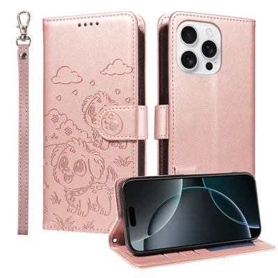 For iPhone 16 Pro Max Case RFID Blocking Imprinted Dog Pattern PU Leather Phone Cover with Wrist Strap - Pink