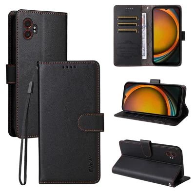 ENKAY HAT PRINCE For Samsung Galaxy Xcover6 Pro 5G / Galaxy XCover7 Pro Wallet Case with Strap   RFID Blocking Leather Stand Phone Cover - Black