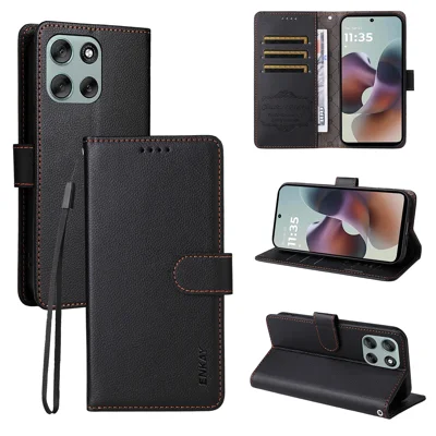 ENKAY HAT PRINCE For Motorola Moto G86 Power 5G / Motorola Moto G86 5G Wallet Case with Strap   RFID Blocking Leather Stand Phone Cover - Black