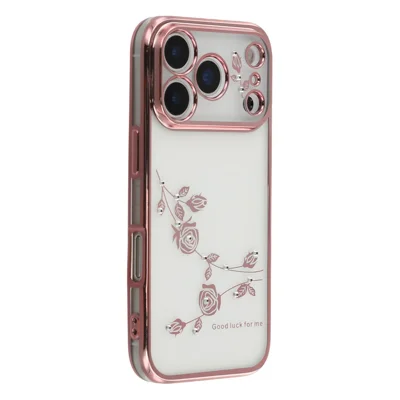 KADEM voor iPhone 17 Pro hoesje met bloemen- en strassversiering TPU telefoonhoes - Roze goud