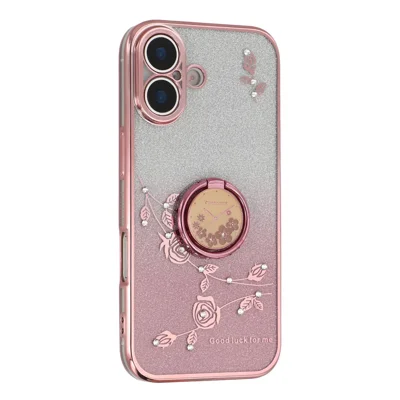 KADEM For iPhone 17  Case Ring Kickstand TPU Flowers Phone Cover Gradient Glitter - Rose Gold