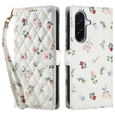 For Samsung Galaxy A18 5G / A18 4G / A17 5G / A17 4G / A26 5G Wallet Case Rhombic Floral Design Leather Flip Phone Cover with Strap - A1