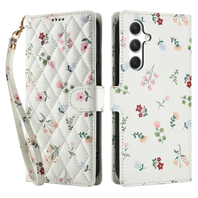 For Samsung Galaxy A55 5G Wallet Case Rhombic Floral Design Leather Flip Phone Cover with Strap - A1