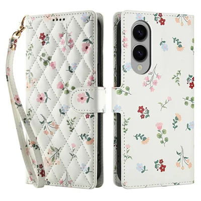 For Samsung Galaxy S25 Edge Wallet Case Rhombic Floral Design Leather Flip Phone Cover with Strap - A1