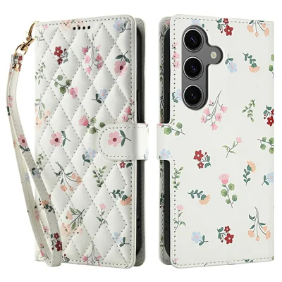For Samsung Galaxy S25 / S24 Wallet Case Rhombic Floral Design Leather Flip Phone Cover with Strap - A1