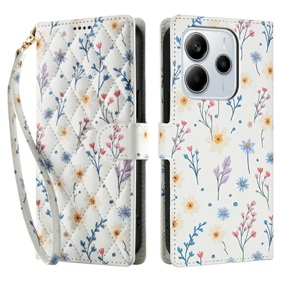 For Xiaomi Redmi Note 14 4G (163.25mm) Wallet Case Rhombic Floral Design Leather Flip Phone Cover with Strap - A2