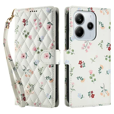 For Xiaomi Redmi Note 14 4G (164.84mm) Wallet Case Rhombic Floral Design Leather Flip Phone Cover with Strap - A1