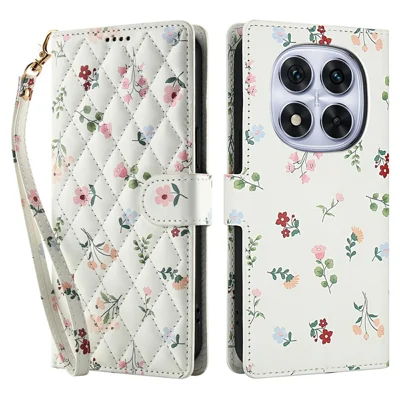 For Xiaomi Redmi Note 14 Pro 4G Wallet Case Rhombic Floral Design Leather Flip Phone Cover with Strap - A1
