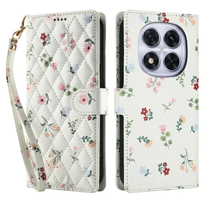 Wallet Case for Xiaomi Redmi Note 14 Pro 5G / 14 Pro+ 5G / Poco X7 5G Rhombic Floral Design Leather Flip Phone Cover with Strap - A1