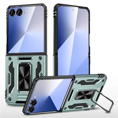 For Samsung Galaxy Z Flip8 / Z Flip7 5G Case Kickstand Slide Lens Lid PC + TPU Drop-Proof Phone Cover - Green