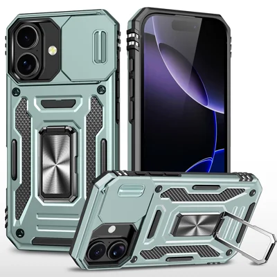 For iPhone 17 Case Kickstand Slide Lens Lid PC + TPU Drop-Proof Phone Cover - Green