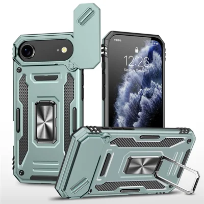 For iPhone Air Case Kickstand Slide Lens Lid PC + TPU Drop-Proof Phone Cover - Green