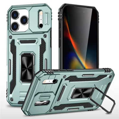 For iPhone 17 Pro Case Kickstand Slide Lens Lid PC + TPU Drop-Proof Phone Cover - Green